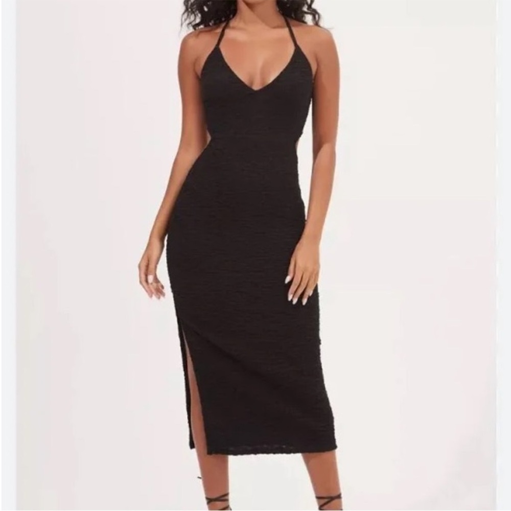 Nwt Astr Black Alameda Crinkle Halter Cut Out Midi Dress